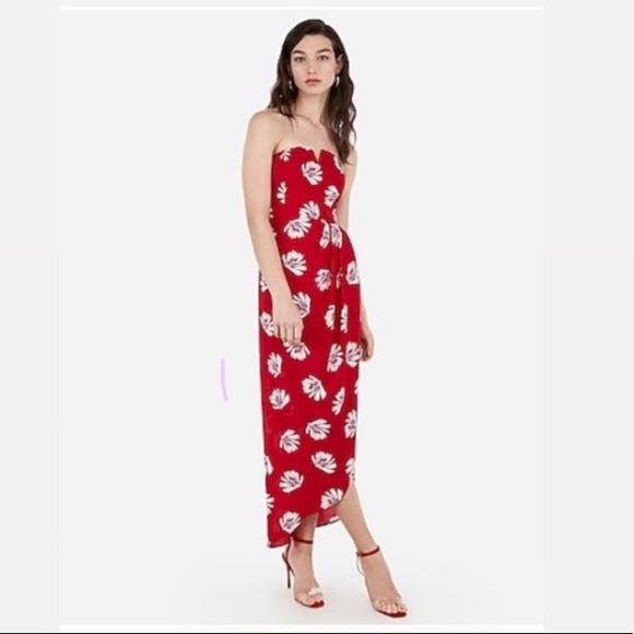 Express Dresses & Skirts - Express strapless floral palm print wrap maxi dress red formal 6